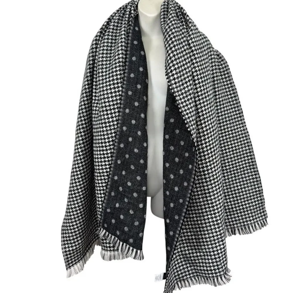 J Crew Reversible Wide Wrap Scarf Houndstooth Polka Dot Black Warm Winter